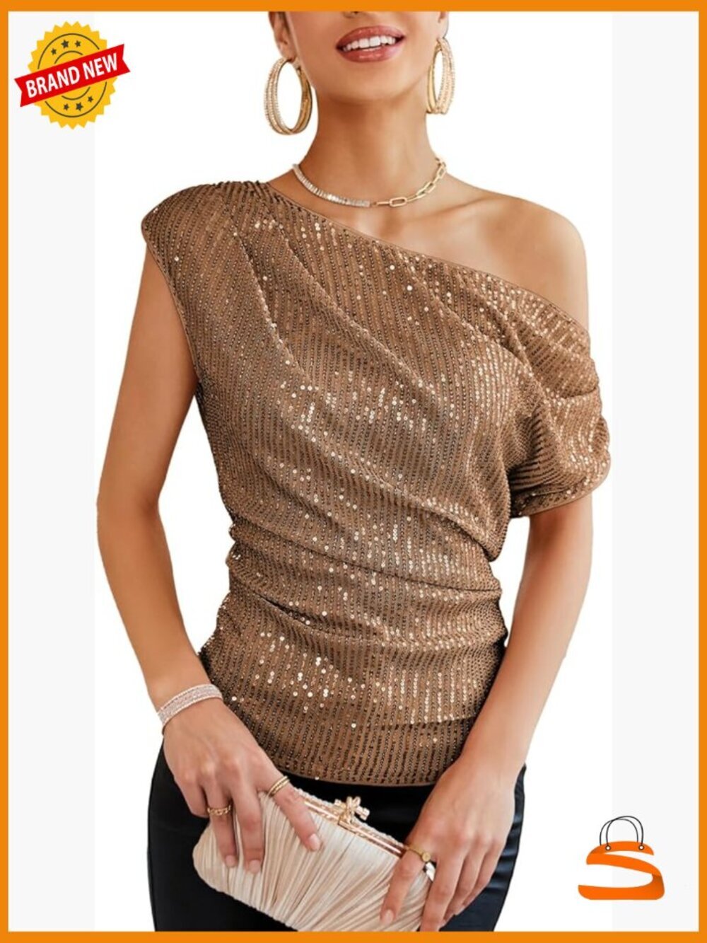 One Shoulder Sequin Sparkly Tops for Women Ruched Asymmetrical Glitter Tops